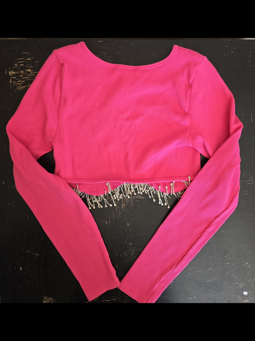 NWT Sincerely Jules Bright Pink Long Sleeve Beaded Crop Top Womens Sz Large - Picture 10 of 11